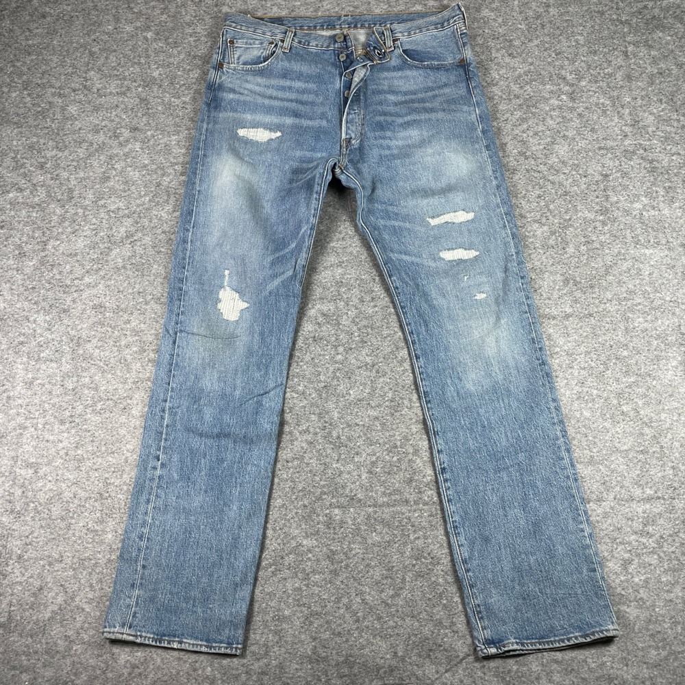 Levis 501 '93 Jeans Mens 36x34 Blue Original Straight Distressed Stretch Denim